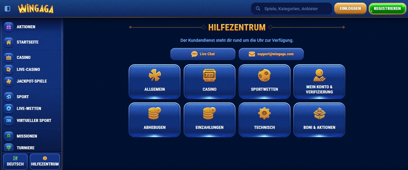 Nutze den Live-Chat oder schreibe eine E-Mail an den WinGaga-Support rund um die Uhr
